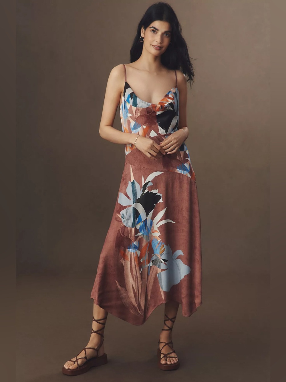Anthropologie Women S Brown Floral Maxi Dress Full Length Fall Vacation Cocktail